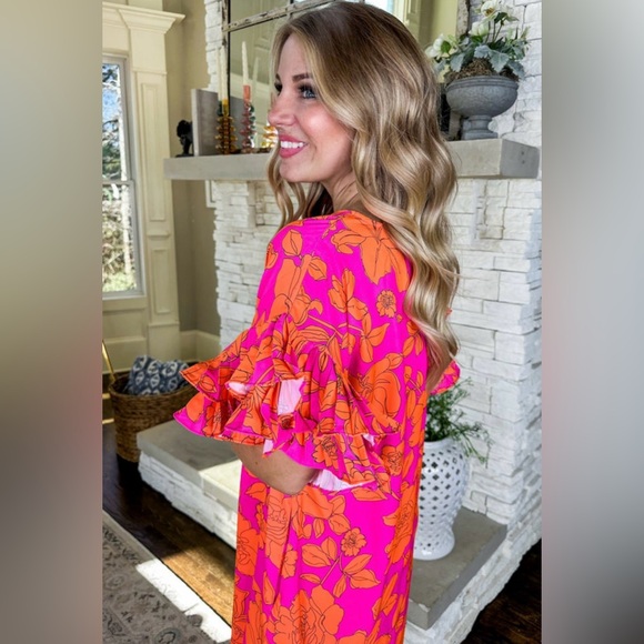 NWT! Beautiful Boutique Floral Ruffle Sleeve Dress - Pink and Orange! 💕 - Picture 3 of 8